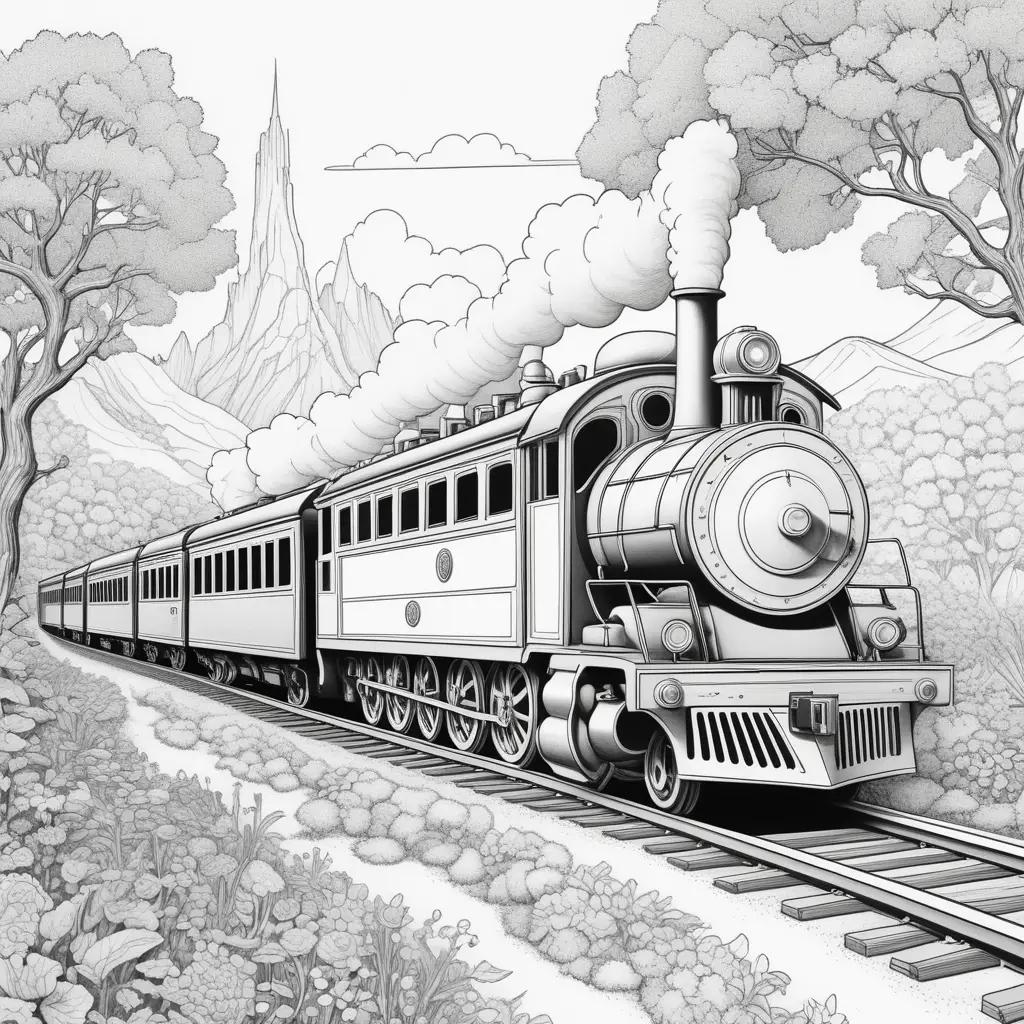 Black and white drawing of train on tracks with mountains in the background