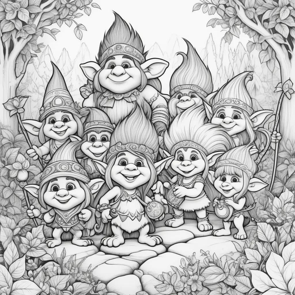 Black and white drawing of trolls in a forest