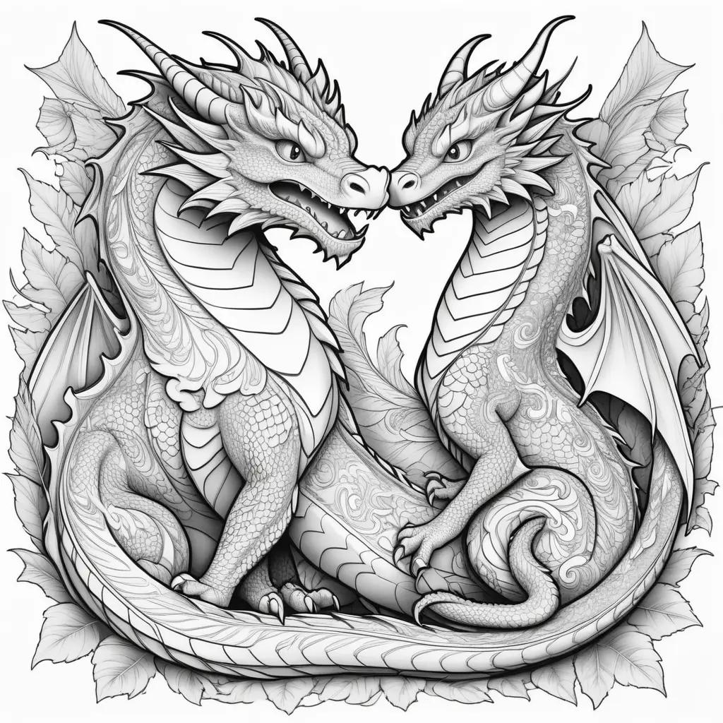 Black and white drawing of two dragons on coloring pages