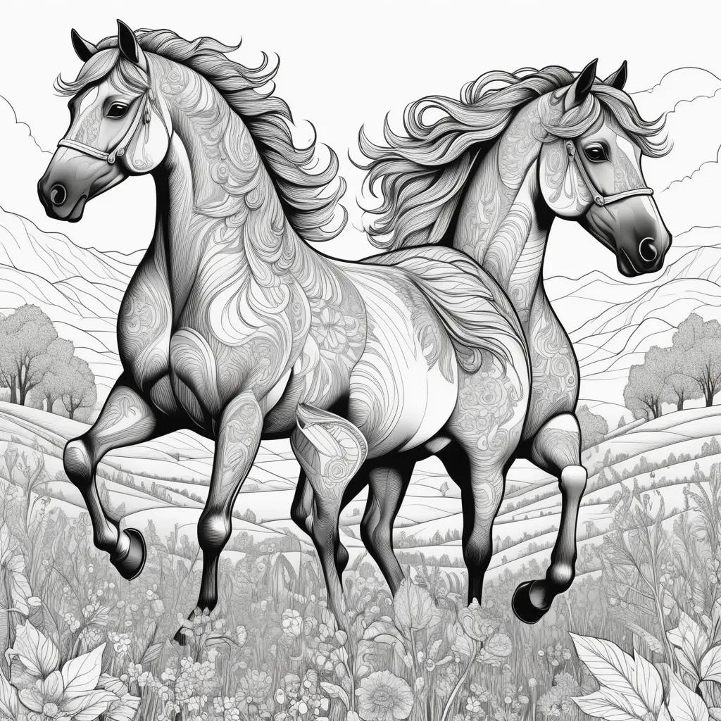 Black and white drawing of two horses running in a field