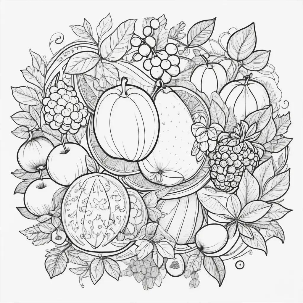 Black and white drawing of various fruits and leaves