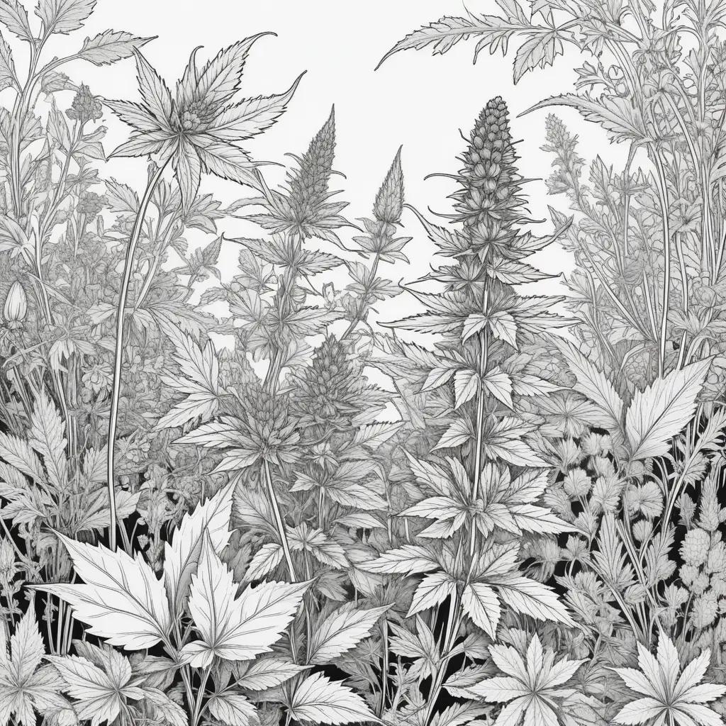 Black and white drawing of various weeds and flowers