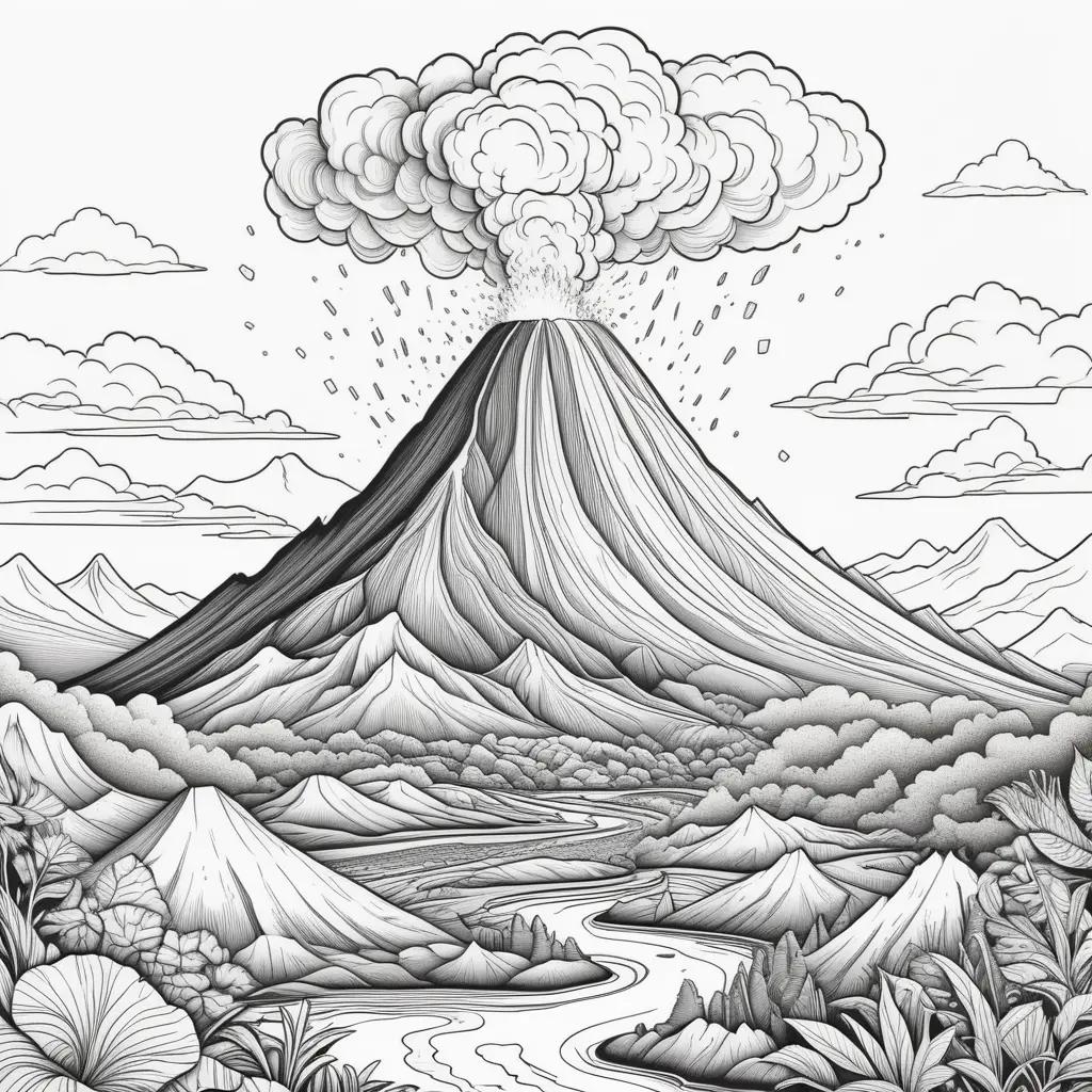 Black and white drawing of volcano and surrounding area