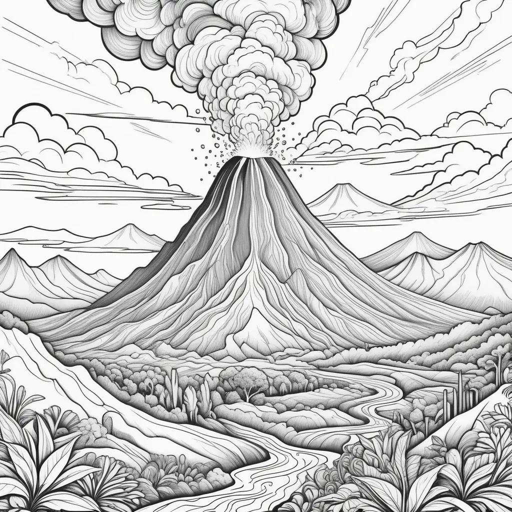 Black and white drawing of volcano with clouds and trees