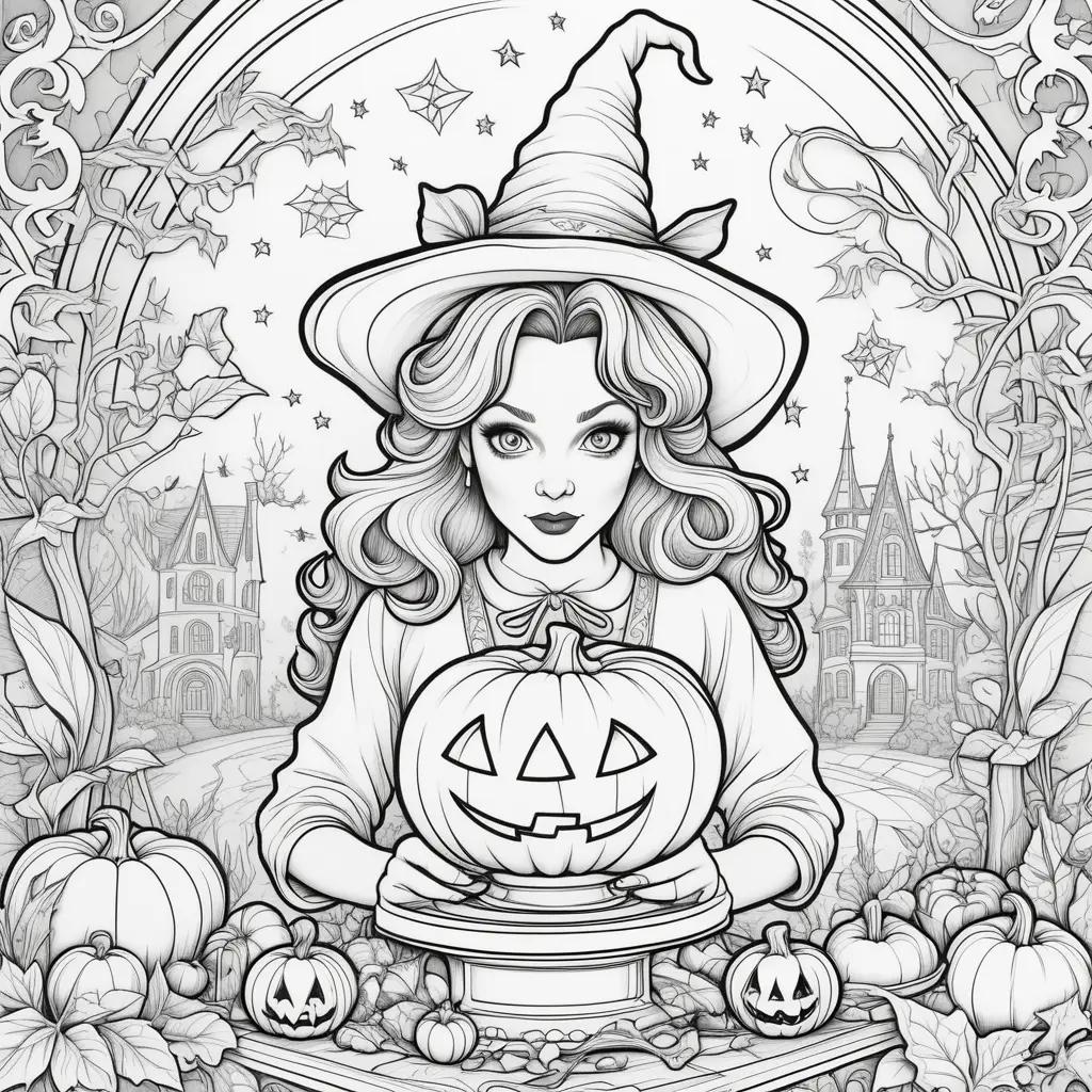 Black and white drawing of witch with pumpkin