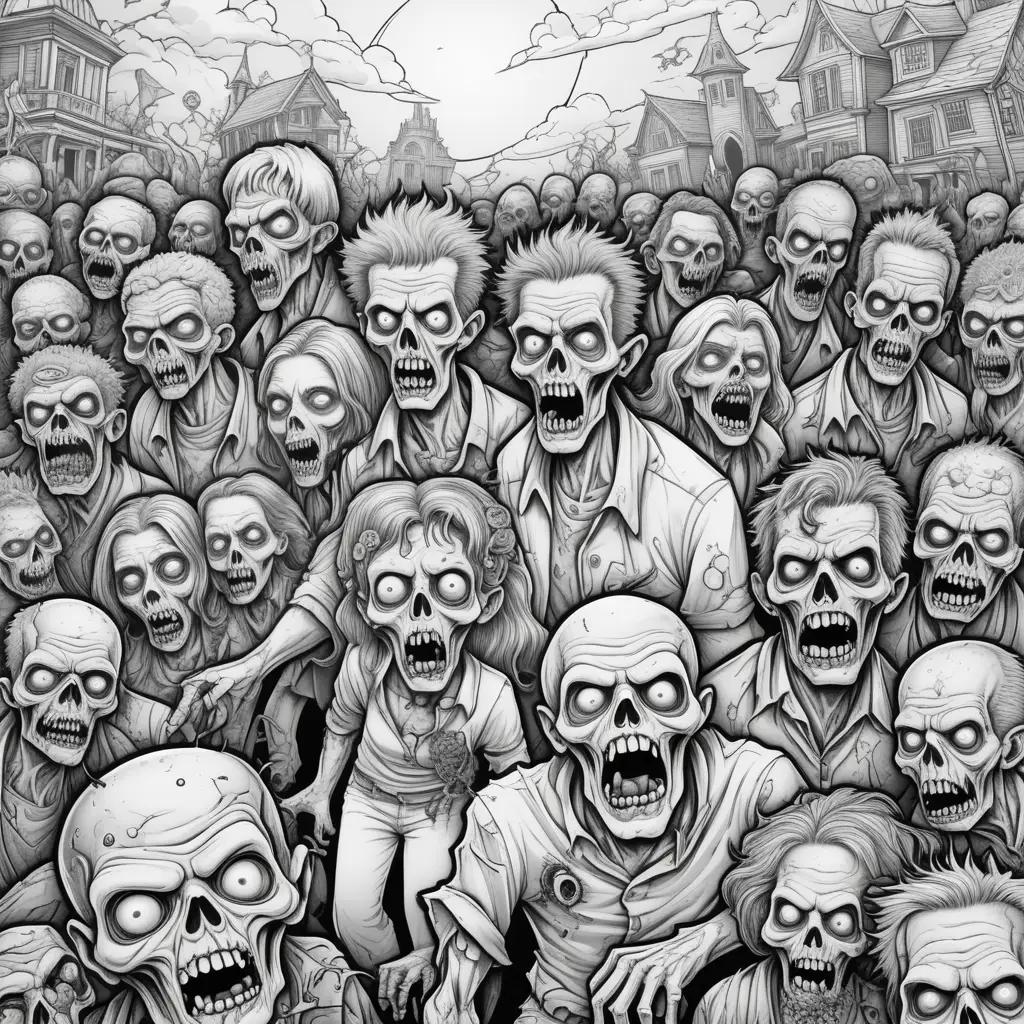 Black and white drawing of zombies on a city street