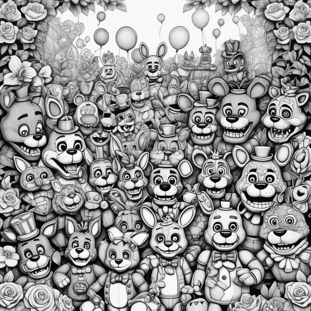 Black and white drawings of various characters from the FNAF game