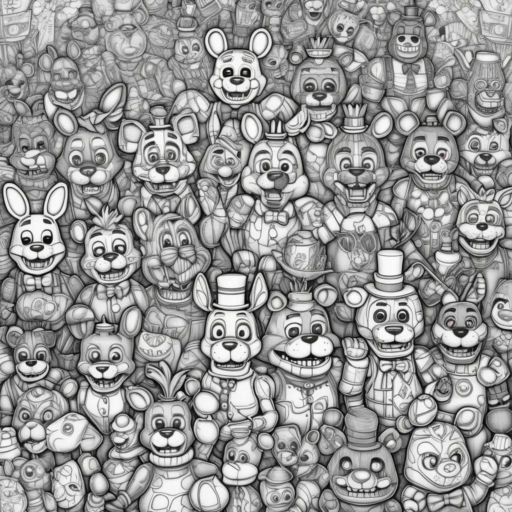 Black and white drawings of various characters in a large group