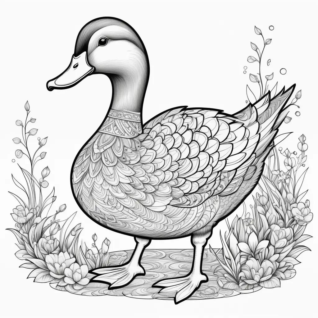 Black and white duck coloring page with decorative flowers