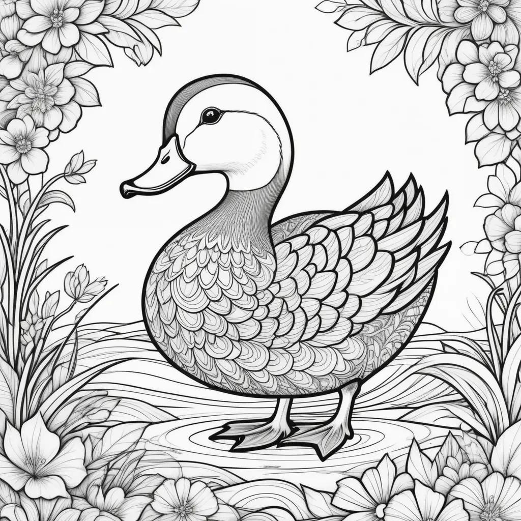 Black and white duck coloring page with flowers