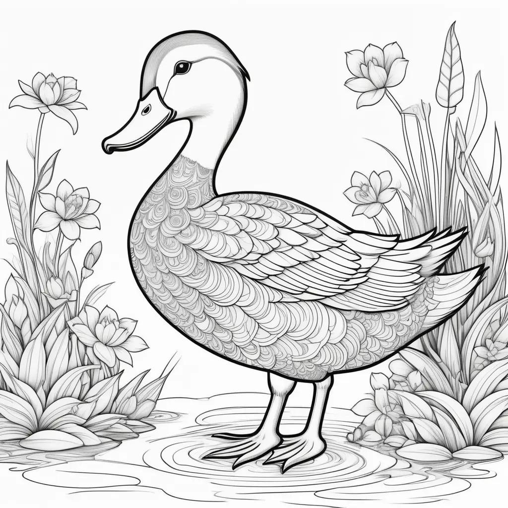 Black and white duck coloring page with water and flowers