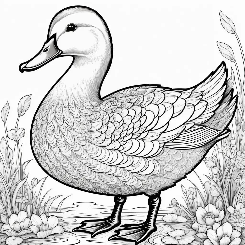 Black and white duck coloring pages with flowers