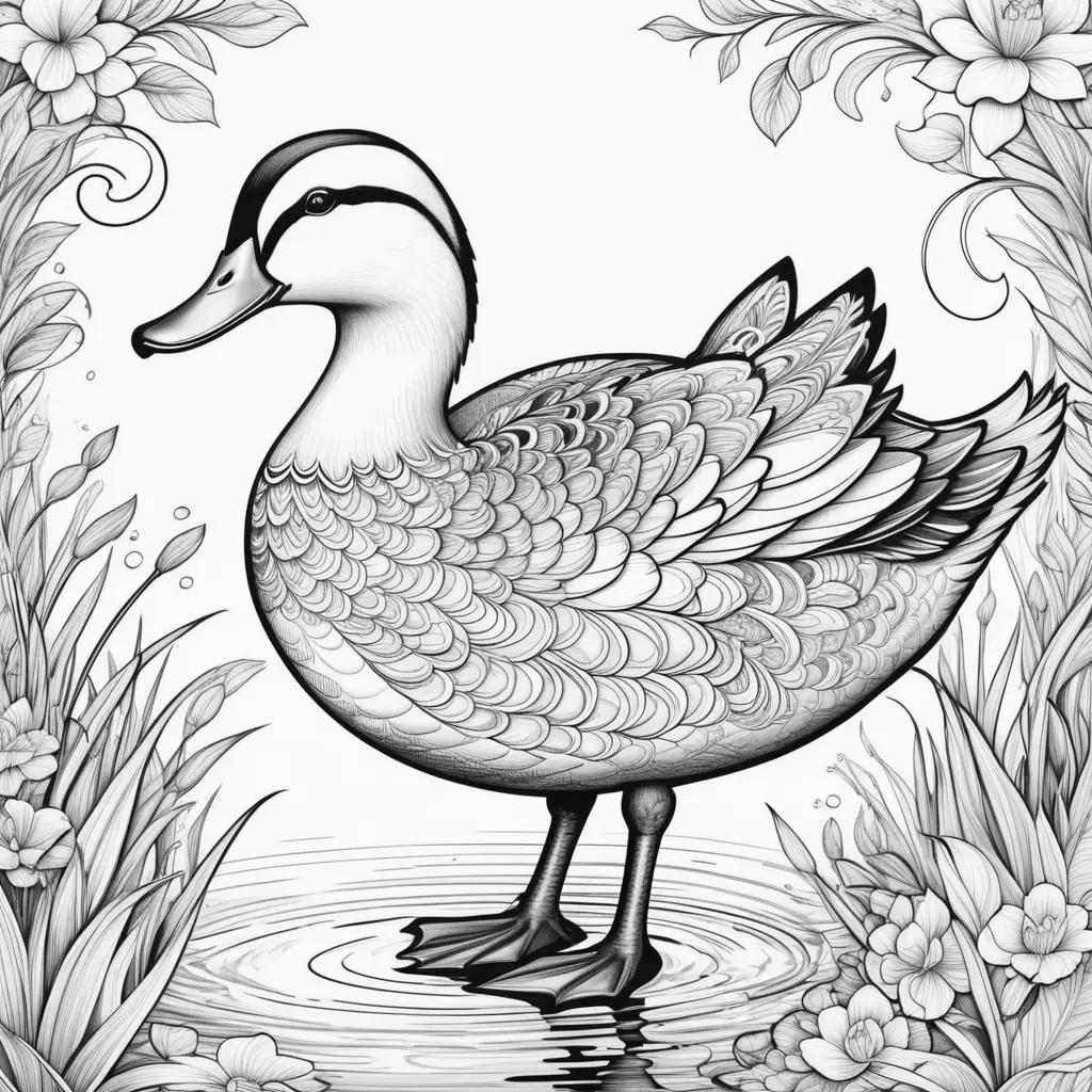 Black and white duck coloring pages with flowers in background