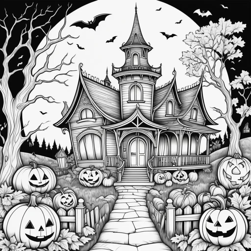 Black and white easy Halloween coloring pages with a pumpkin house