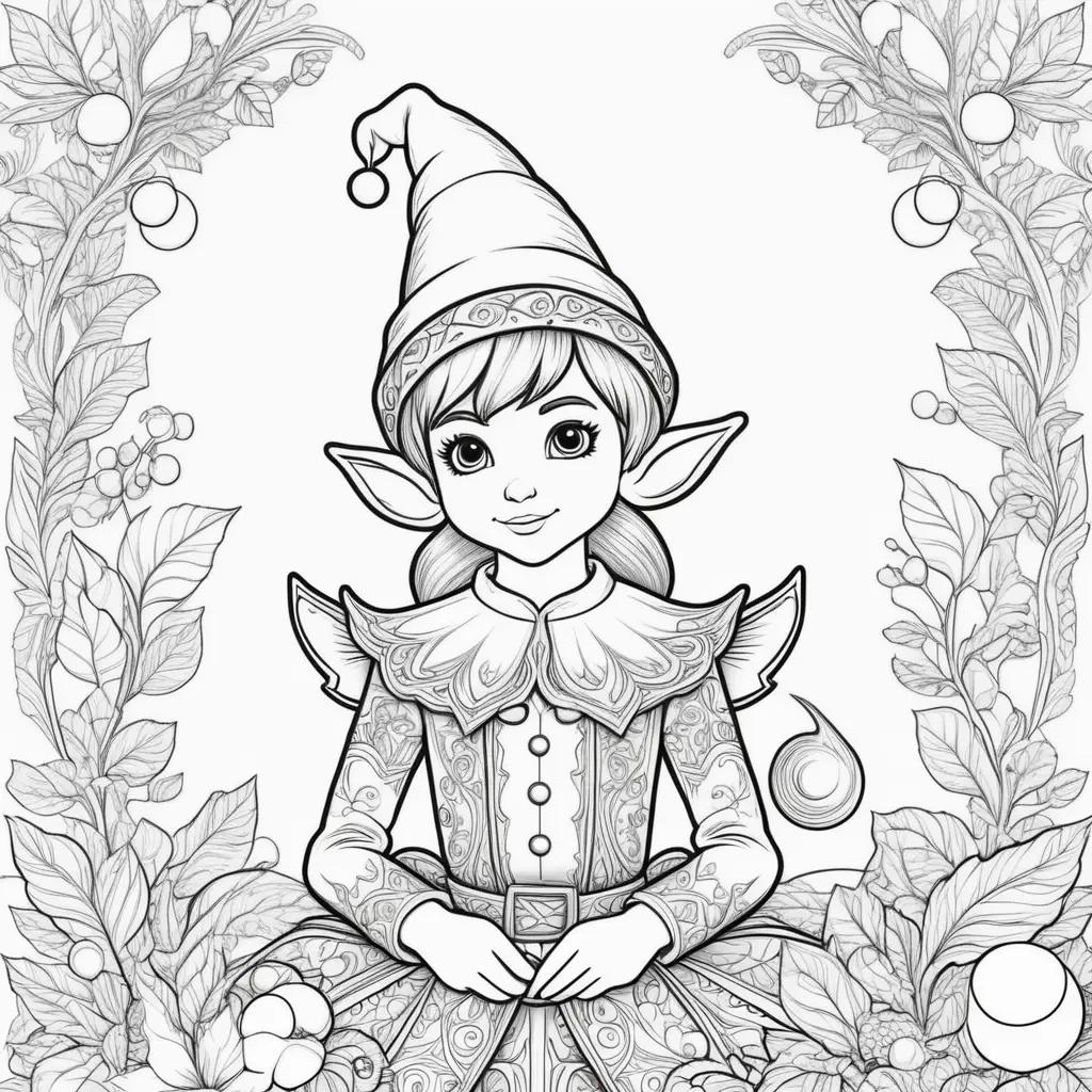 Black and white elf coloring page with wreath and berries