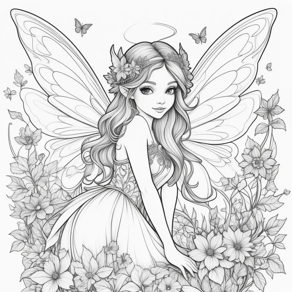 Black and white fairy coloring page with flowers