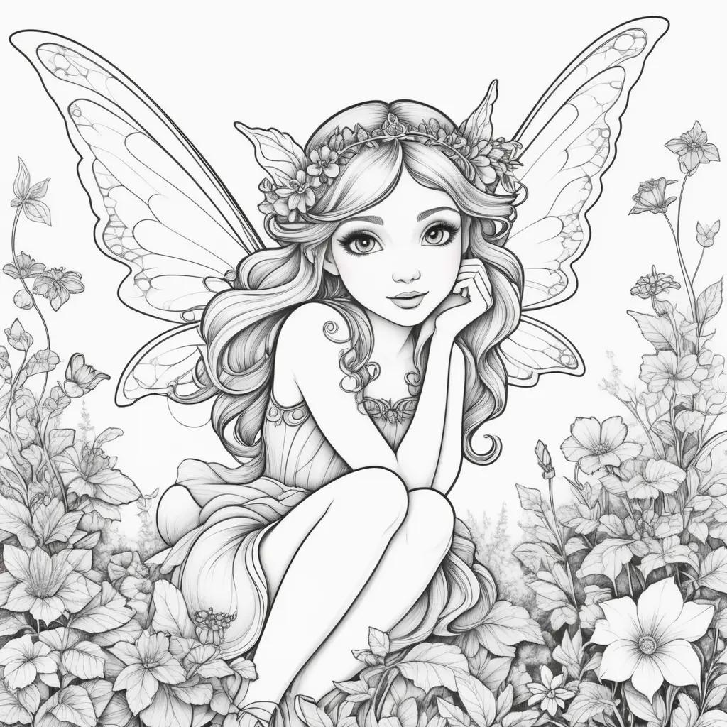 Black and white fairy coloring page with flowers