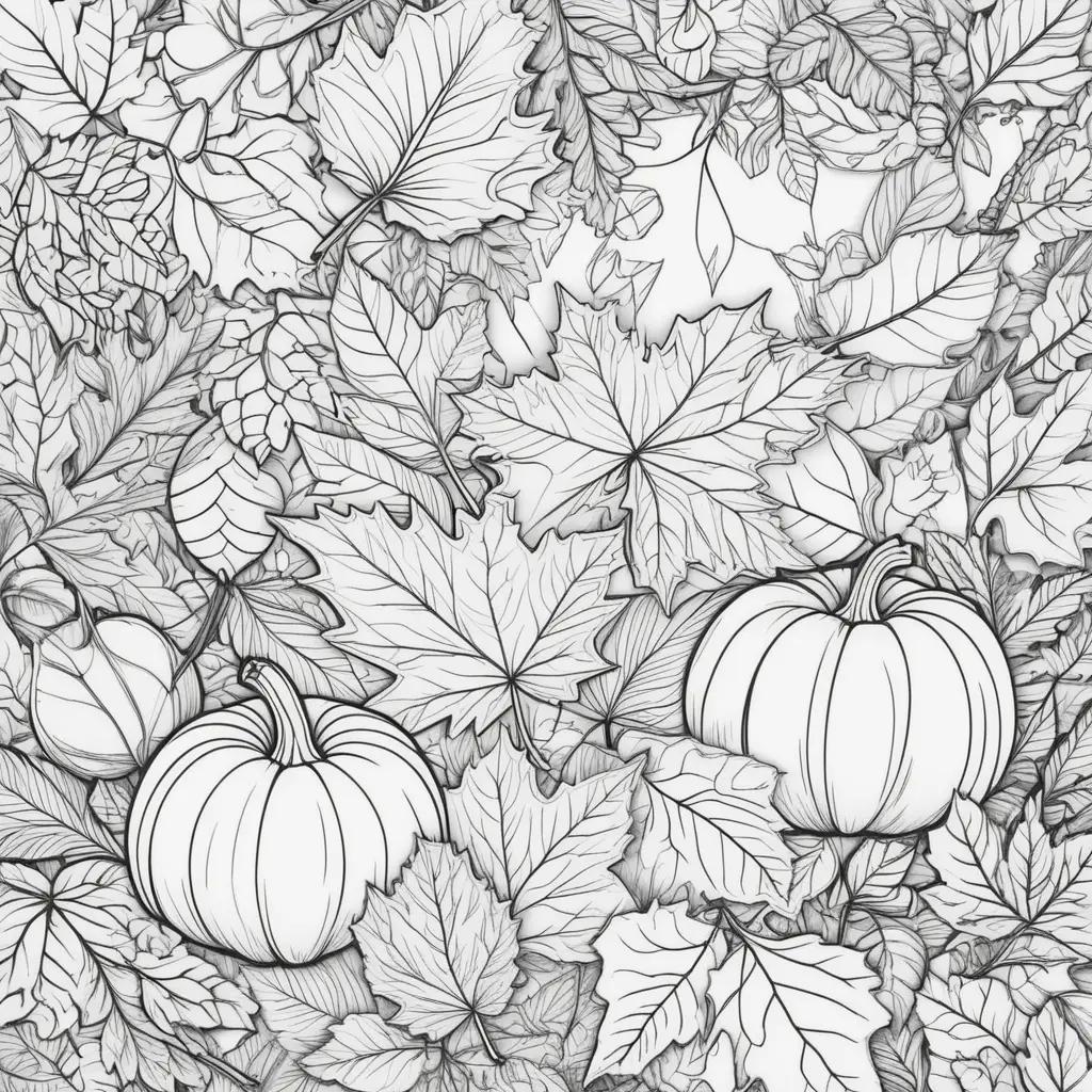 Black and white fall coloring pages with pumpkins and leaves