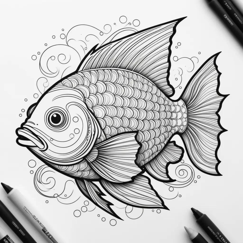 Black and white fish drawing on a white surface