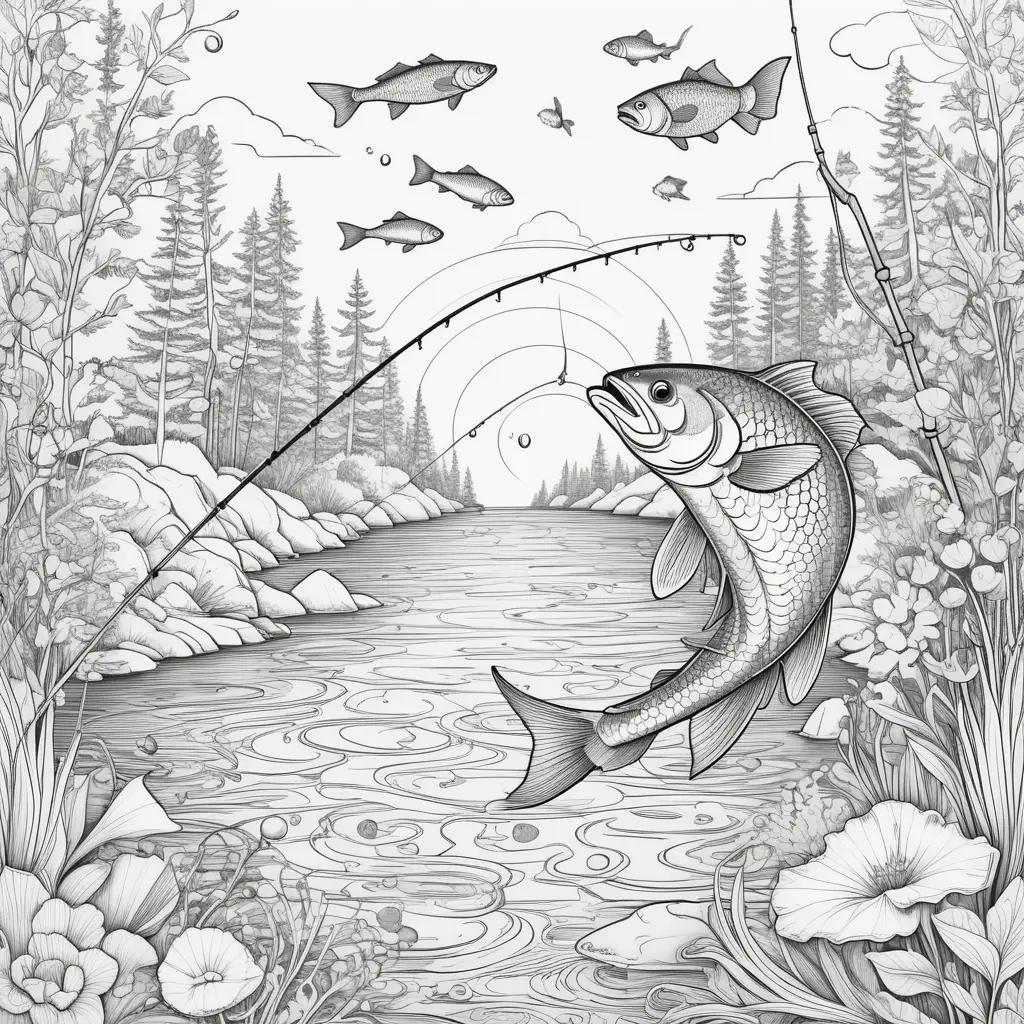 Black and white fishing coloring page shows a fisherman