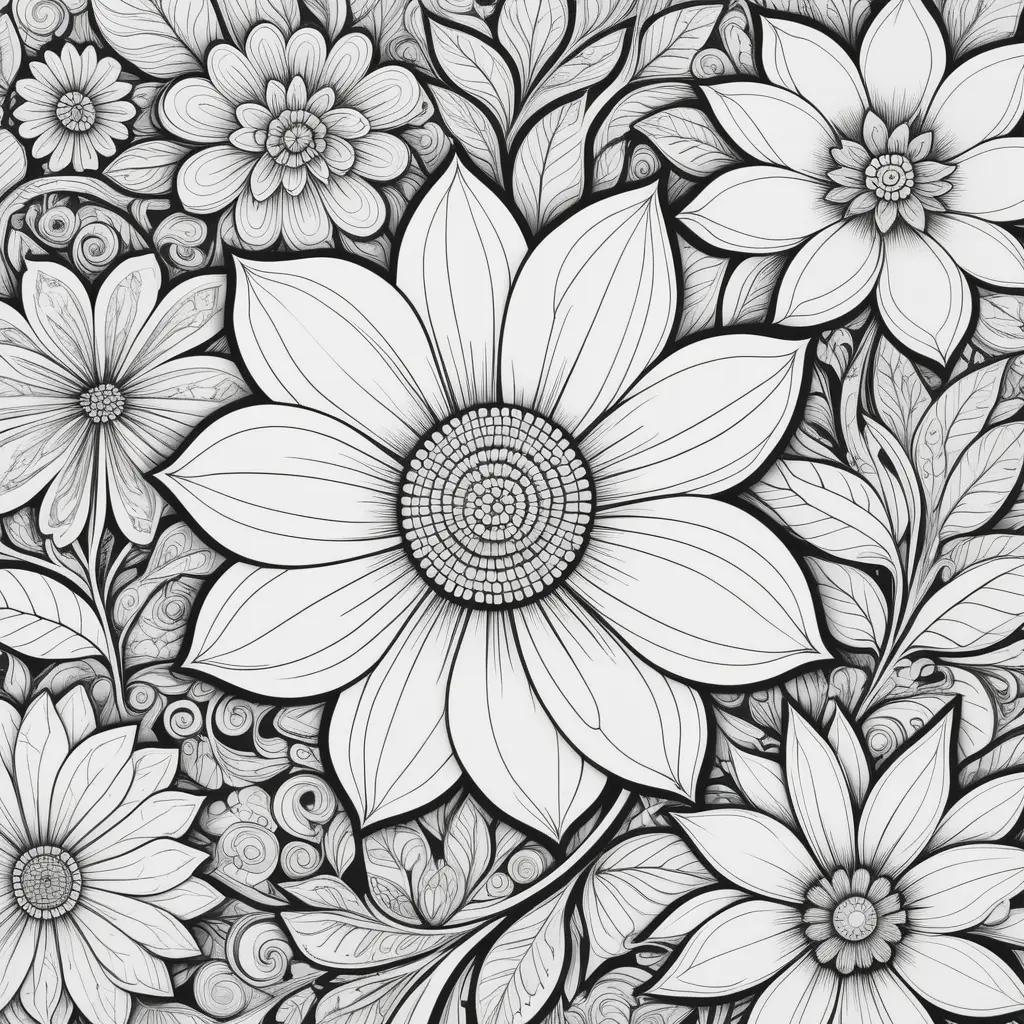 Black and white floral art design on flower color page