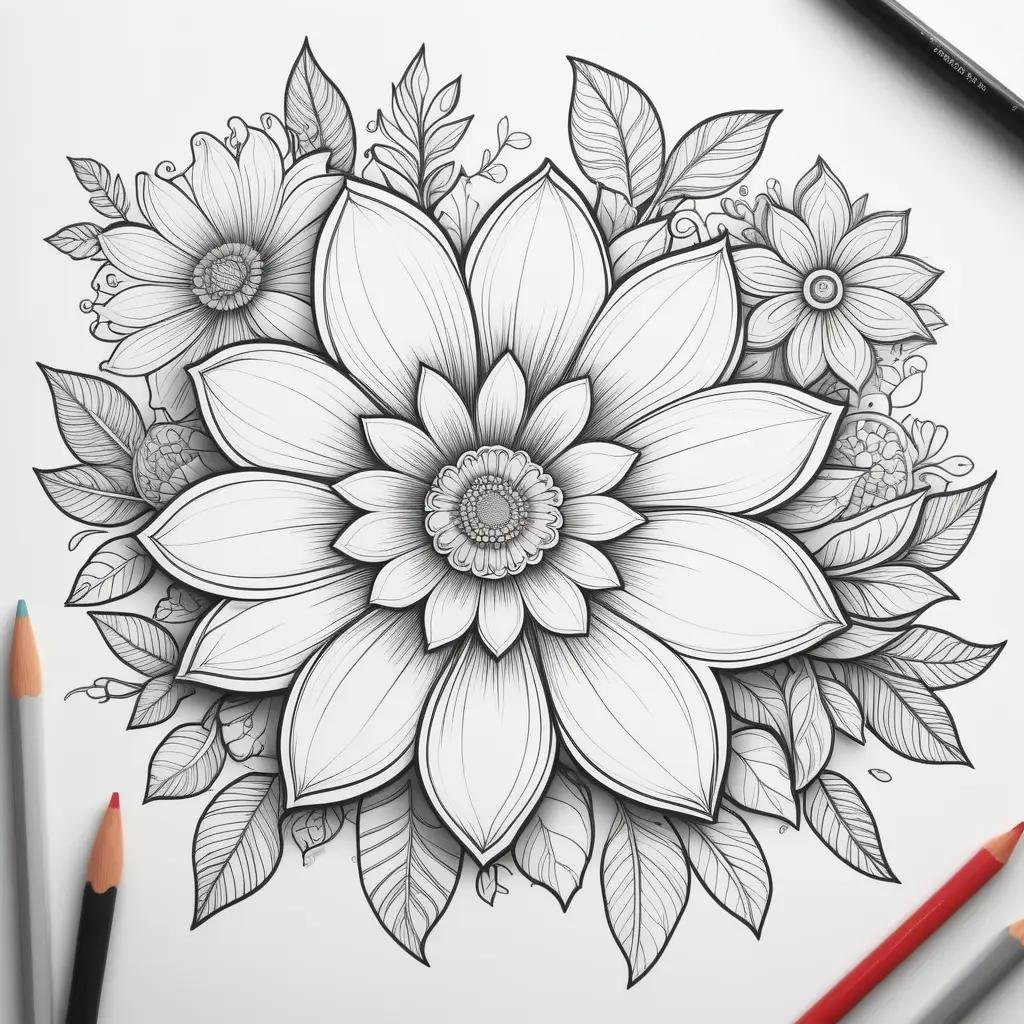 Black and white floral coloring page featuring a flower and leaves