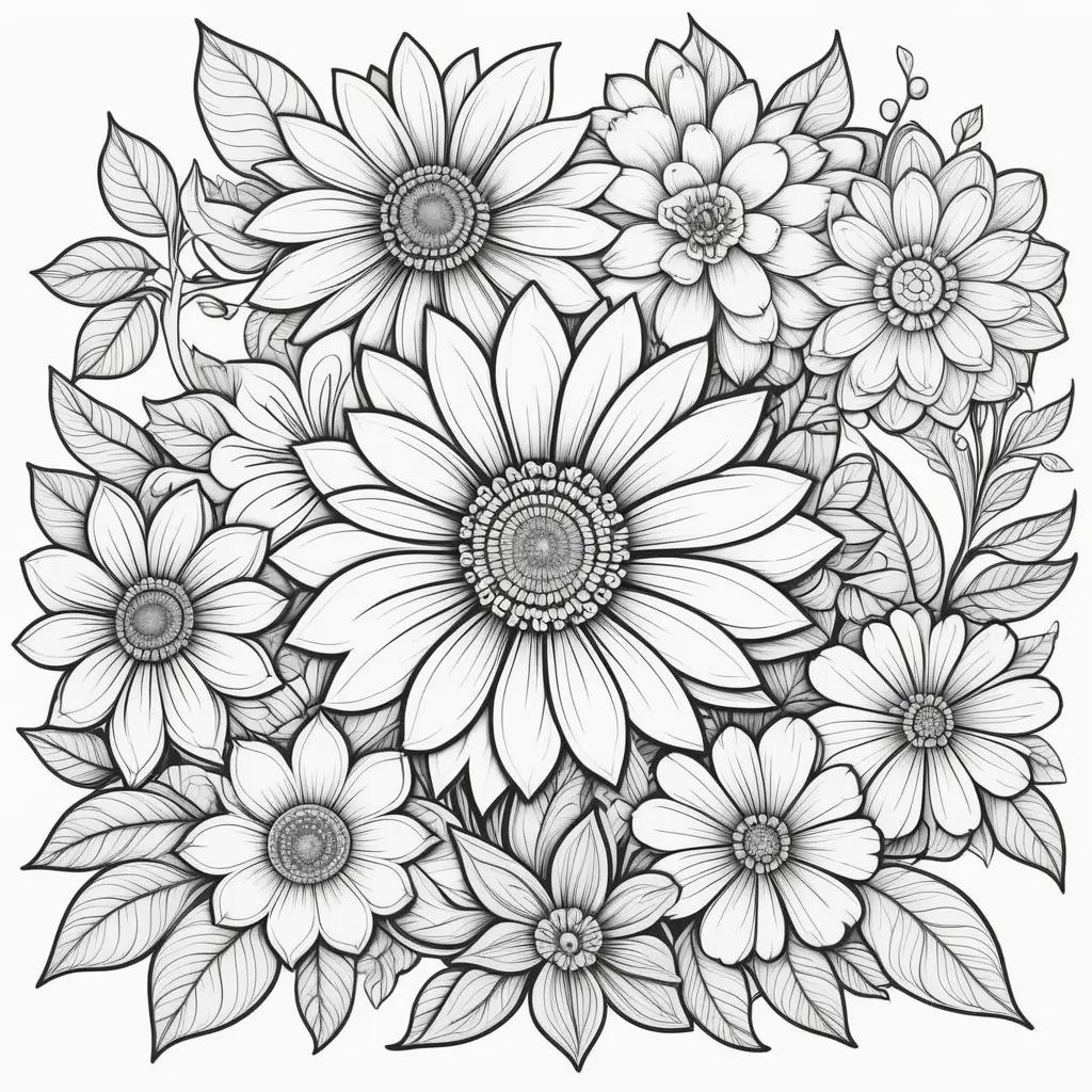 Black and white floral coloring page with a variety of flowers