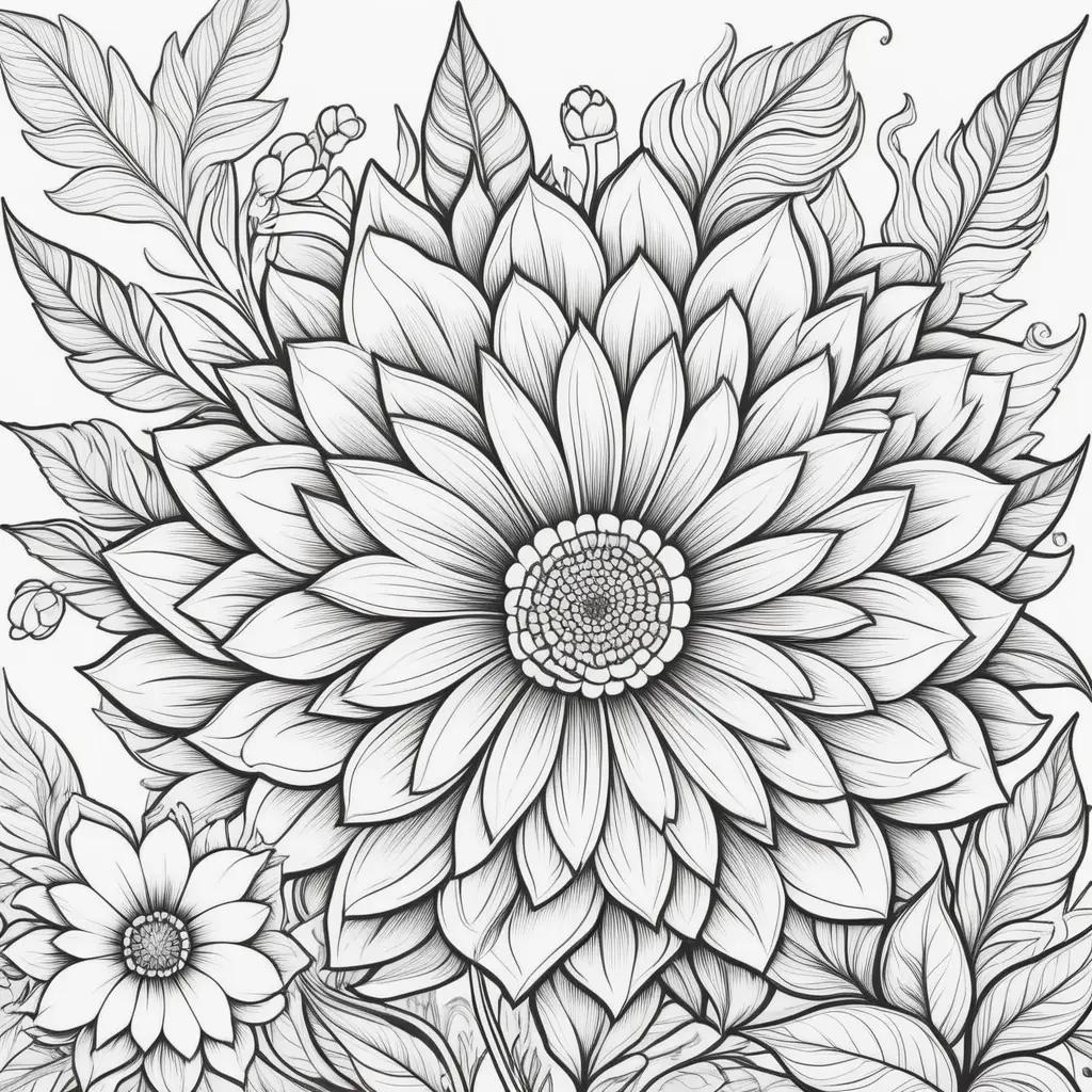 Black and white floral coloring page with leaves