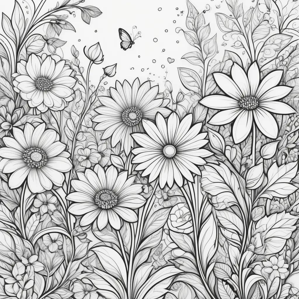 Black and white floral coloring pages with butterflies