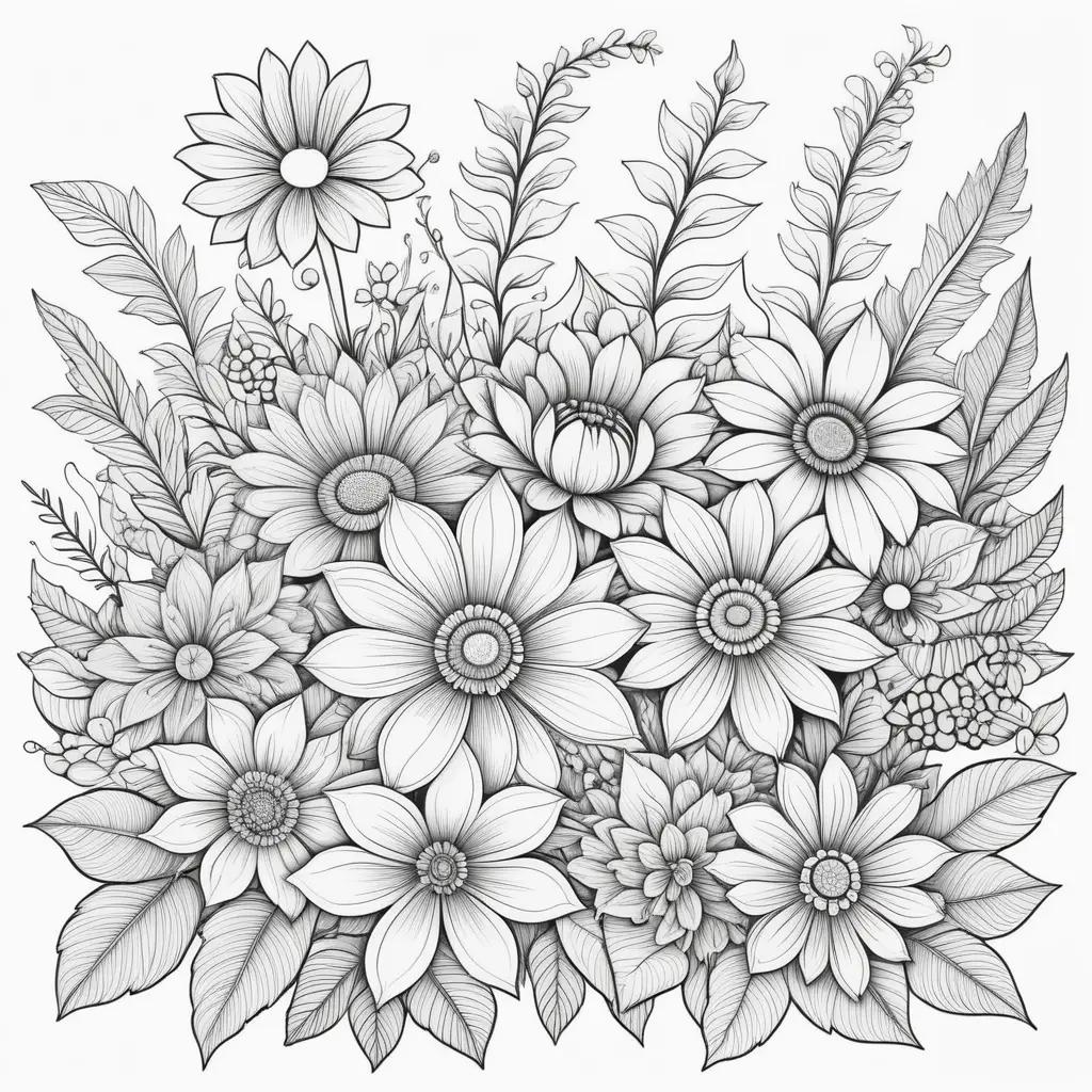 Black and white floral coloring pages with various flowers and leaves