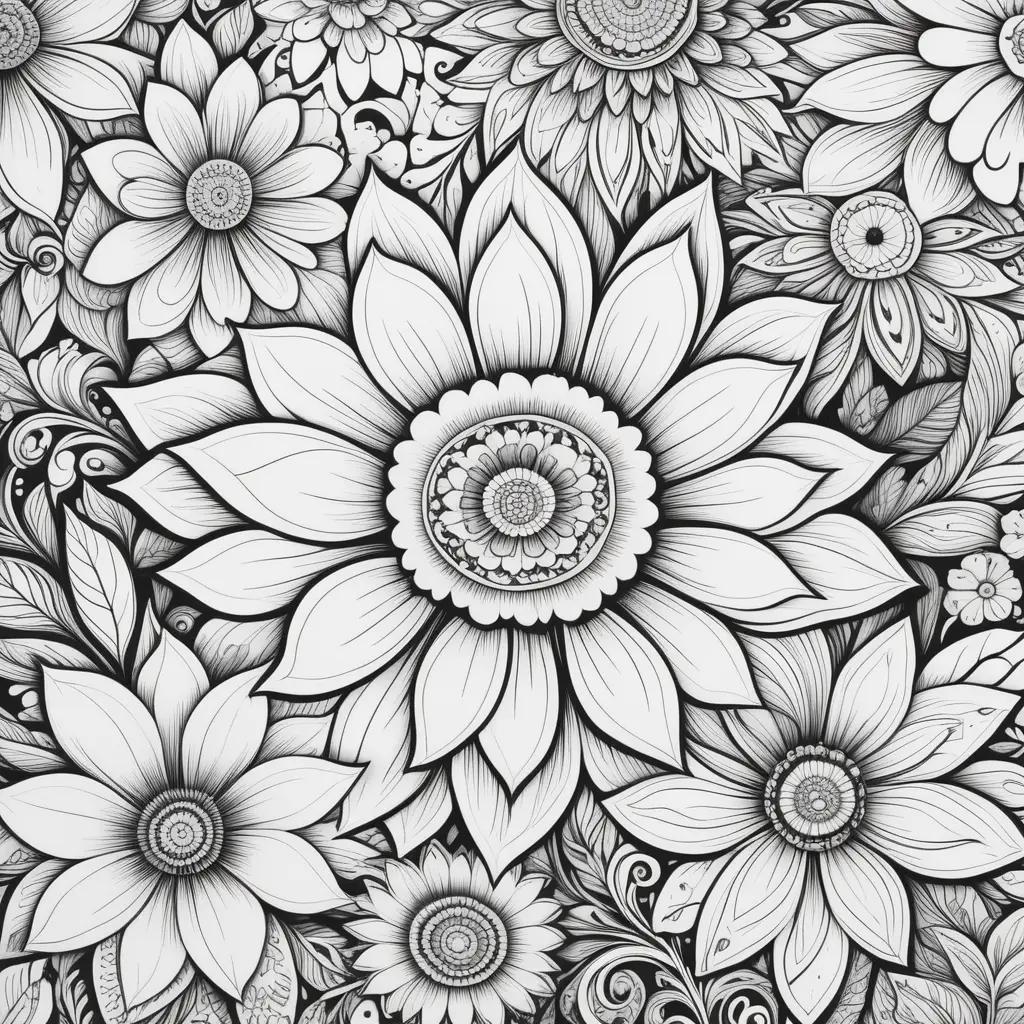 Black and white flower color page with intricate designs