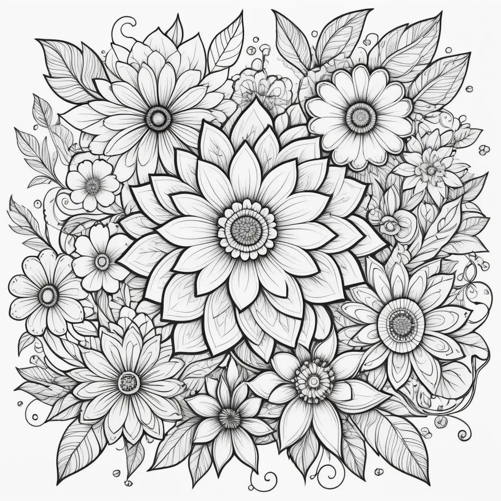 Black and white flower color pages, floral illustration, art for coloring