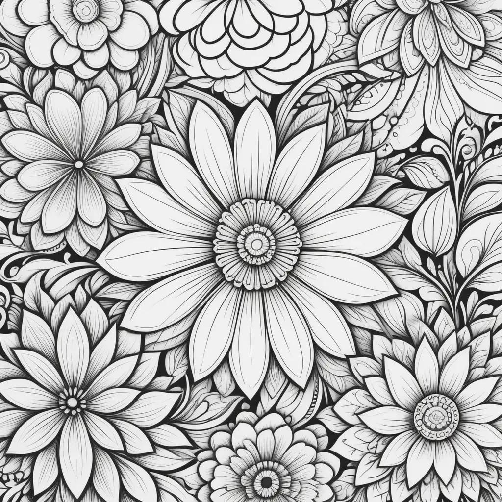 Black and white flower color pages with intricate patterns