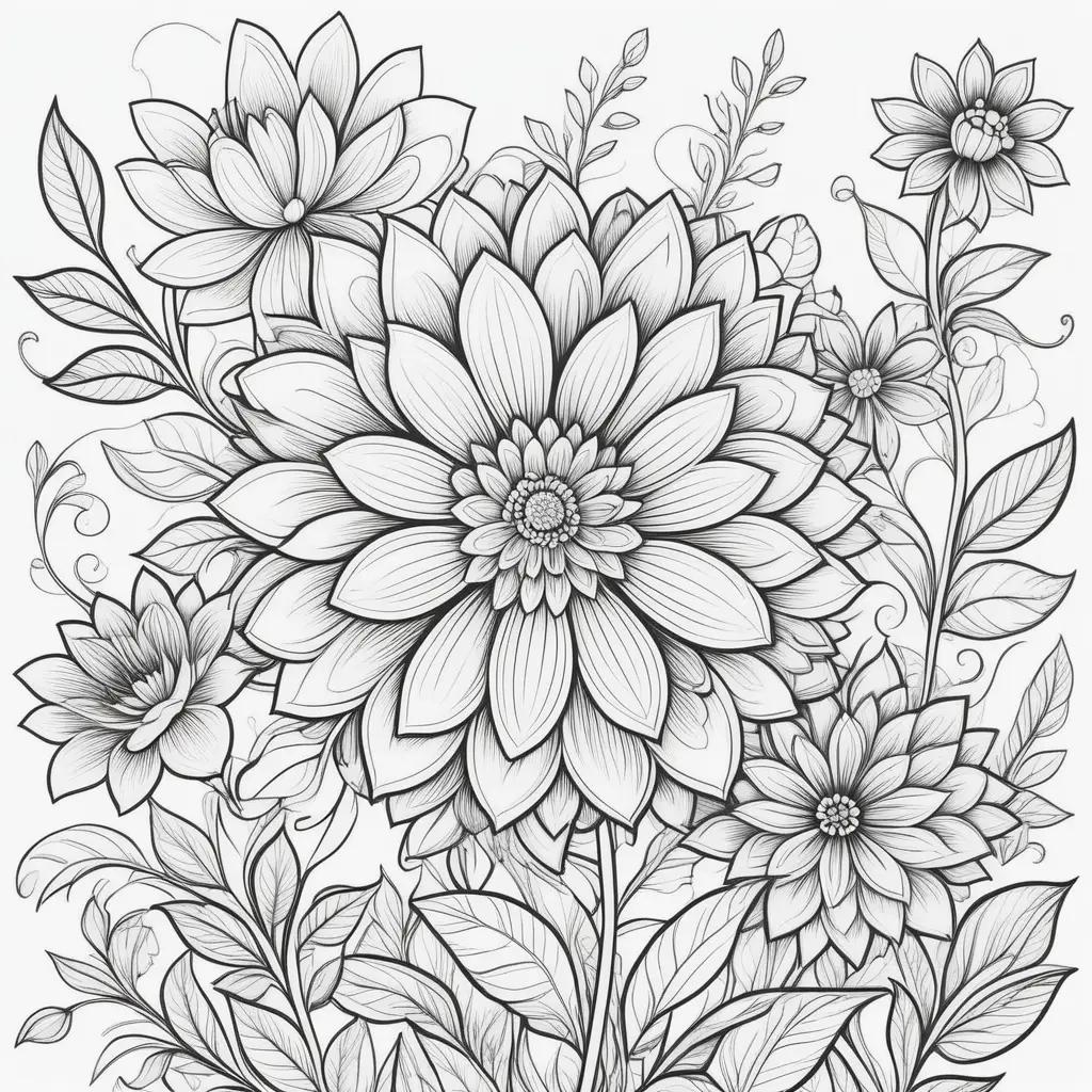 Black and white flower color pages with leaves and stems