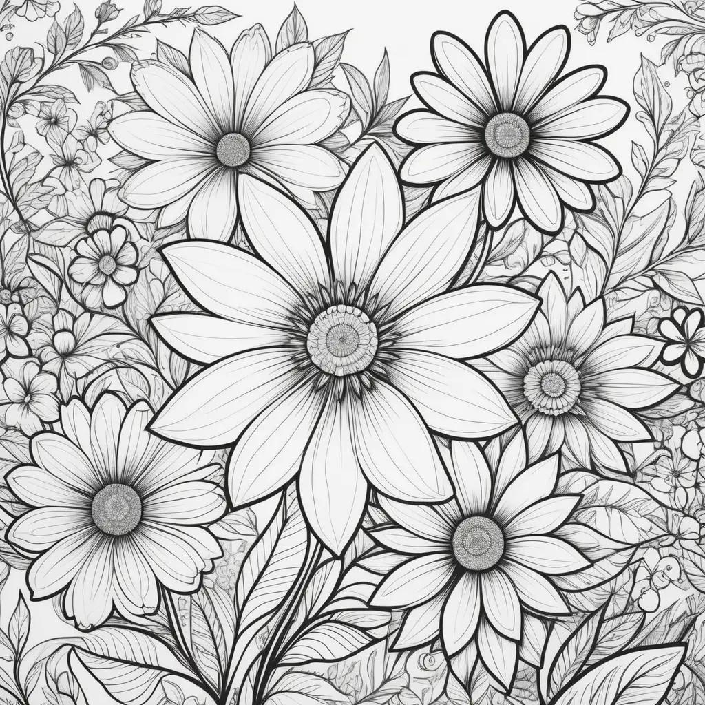 Black and white flower color pages with leaves