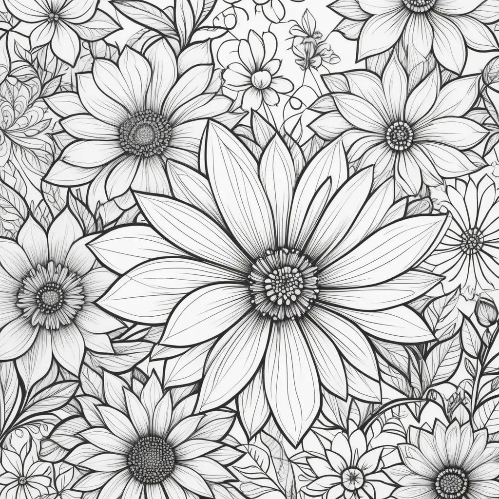 Black and white flower coloring pages with a bee