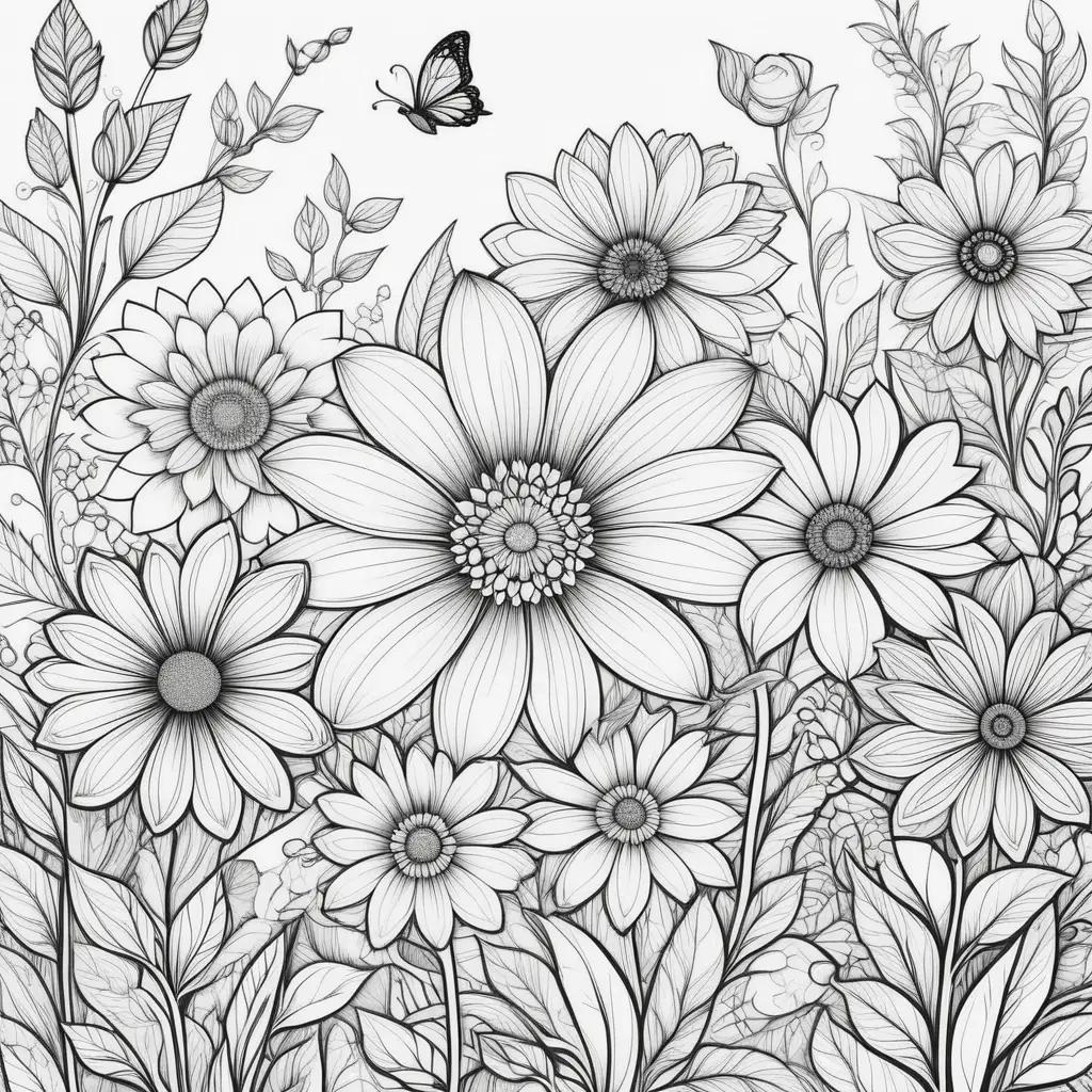 Black and white flower coloring pages with butterflies