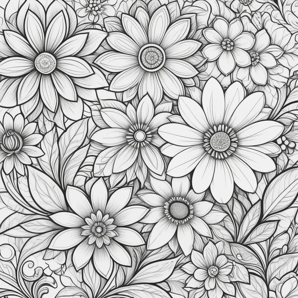 Black and white flower coloring pages with flowers and leaves