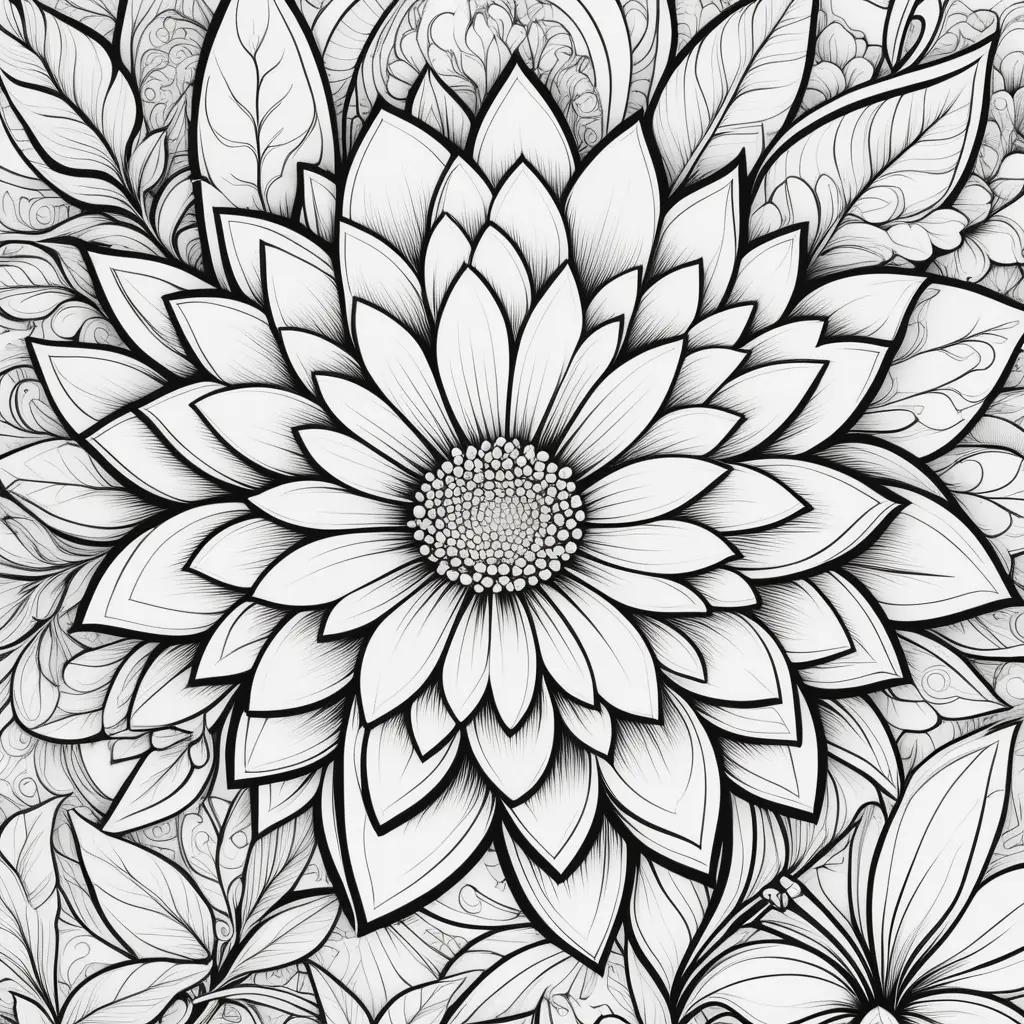 Black and white flower coloring pages with leaves