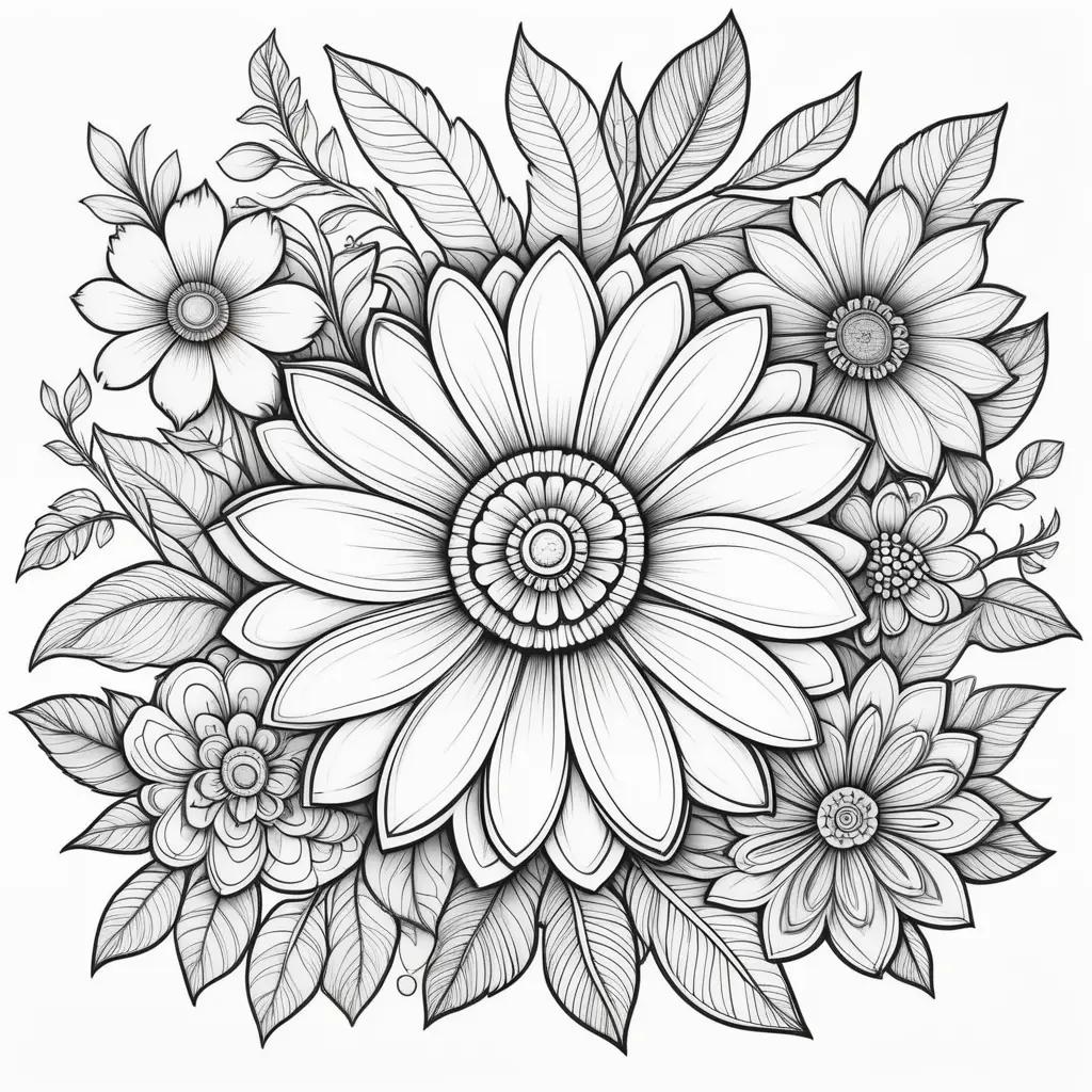 Black and white flower coloring pages with leaves