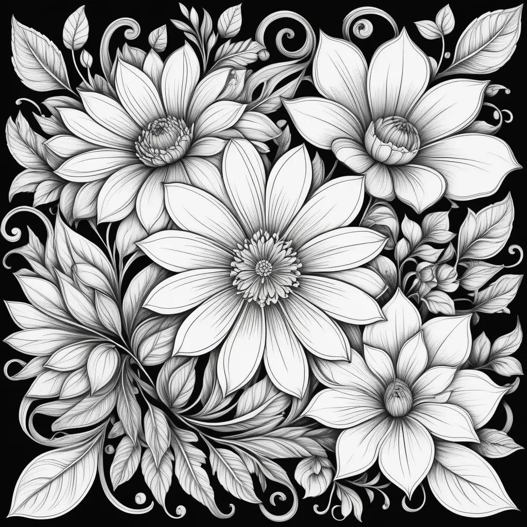 Black and white flower coloring pages with leaves