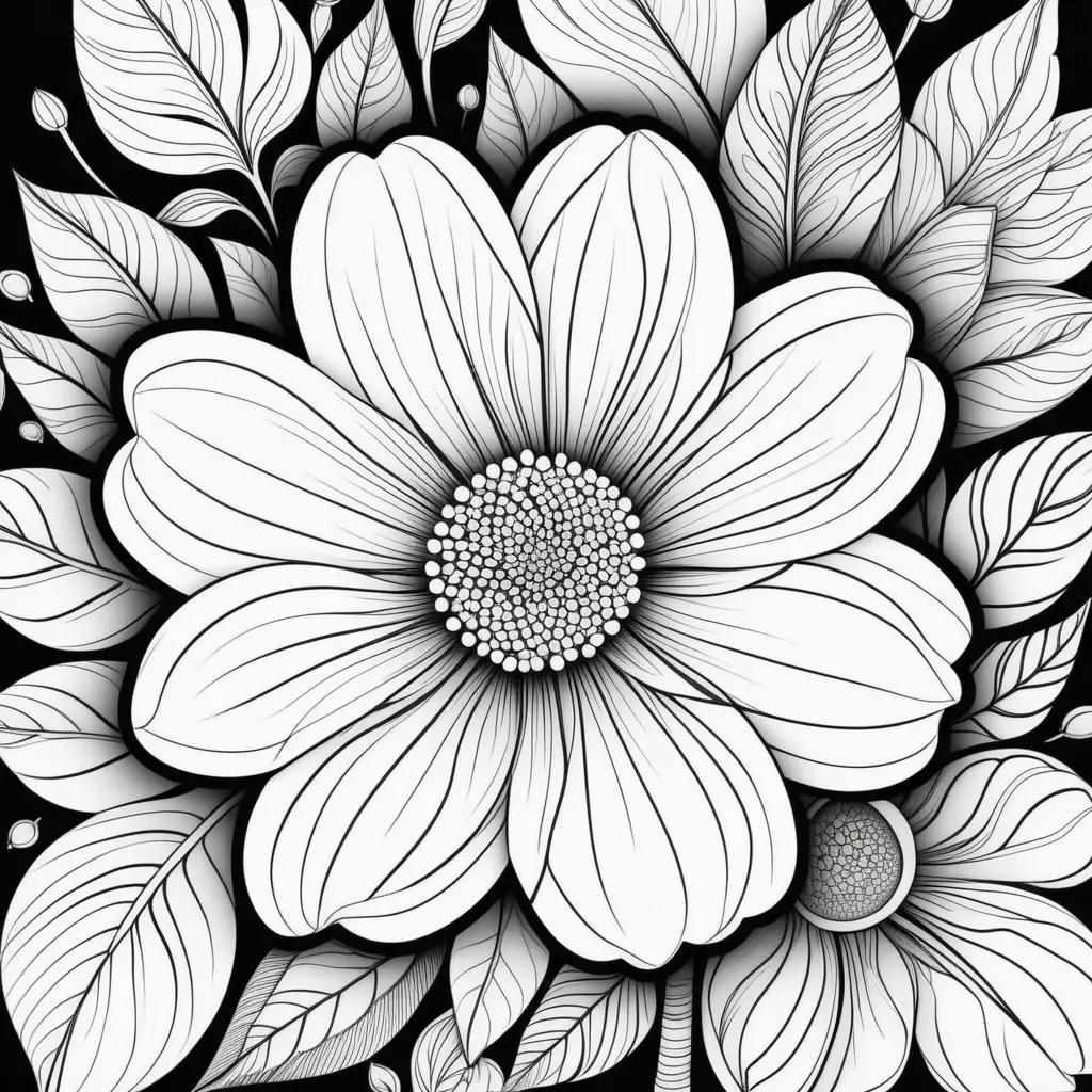 Black and white flower coloring pages with leaves