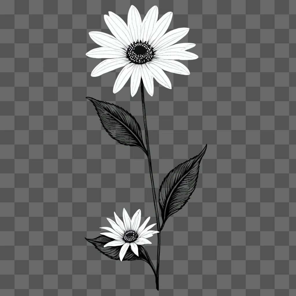 Black and white flower drawing with dark petals and leaves