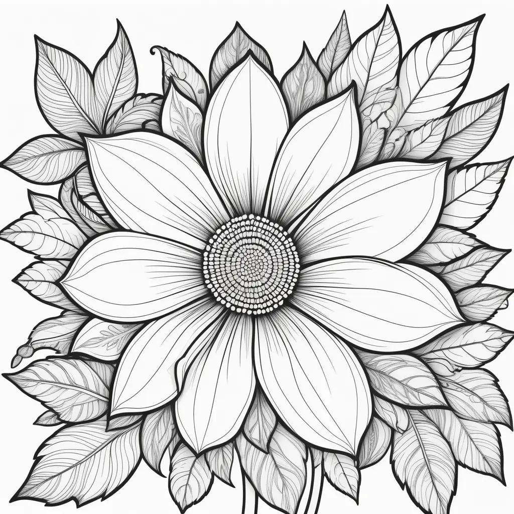 Black and white flower with leaves coloring pages