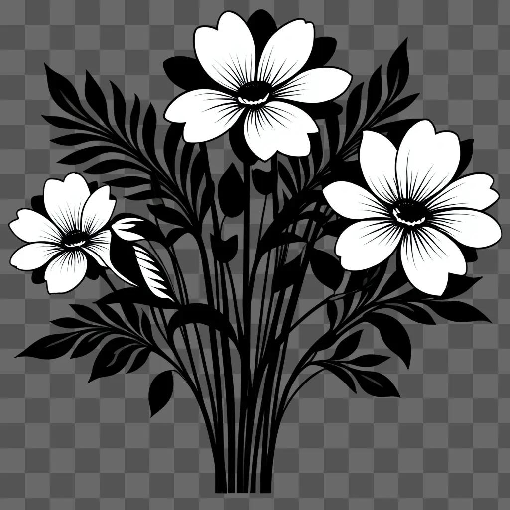 Black and white flowers clipart with leaves