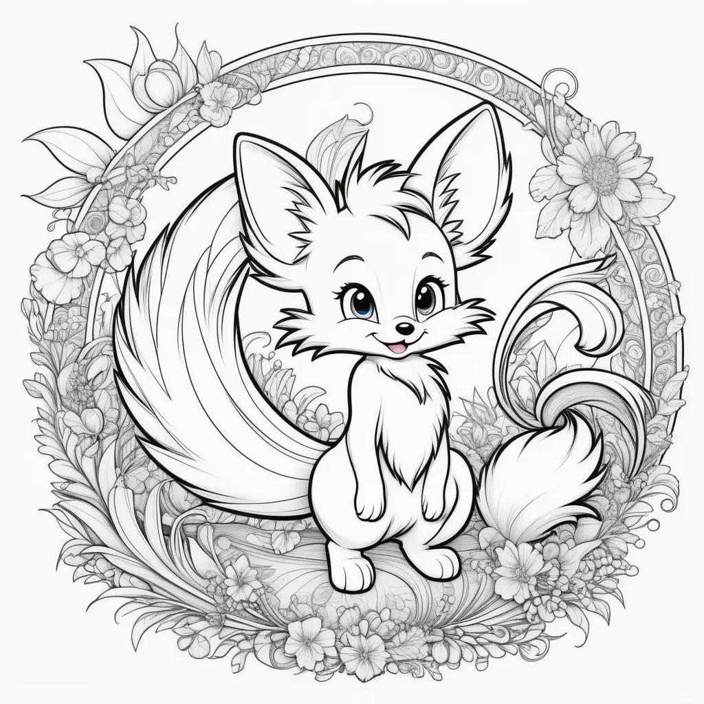 Black and white fox coloring page with flower and tail