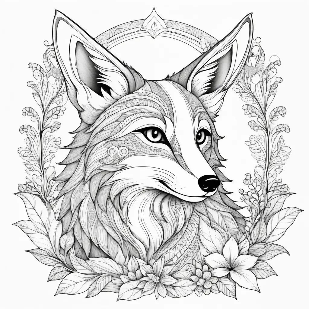 Black and white fox coloring page with flowers