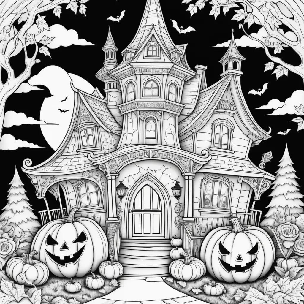 Black and white free Halloween coloring pages with a castle and pumpkins