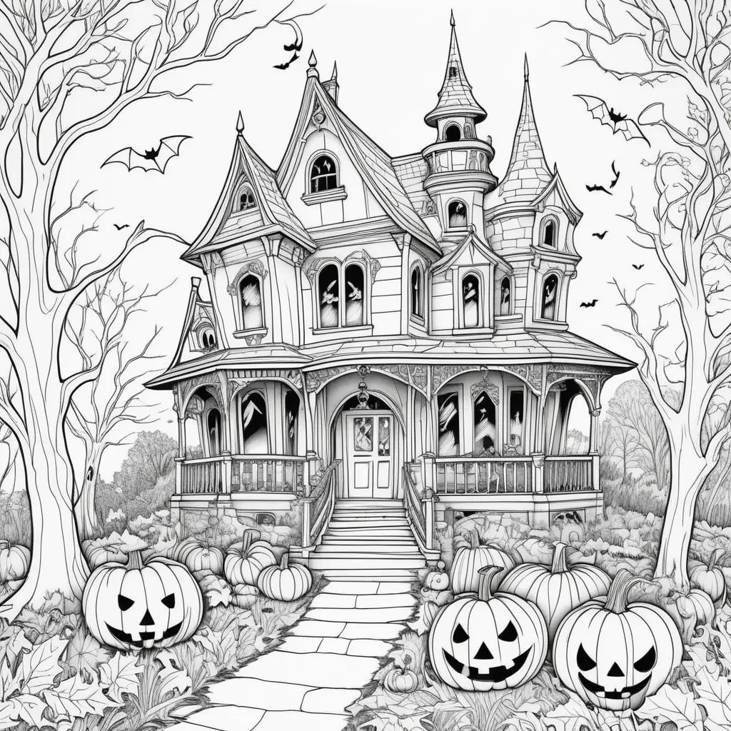 Black and white free Halloween coloring pages with a house and pumpkins