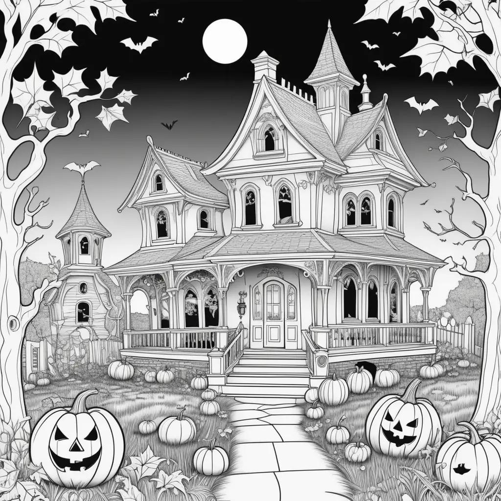 Black and white free coloring pages of a Halloween house